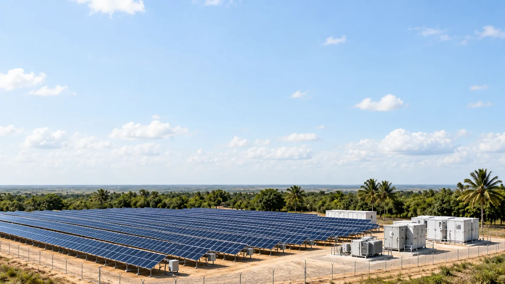 Solar mini-grid with battery and inverter containers, set among palm trees
